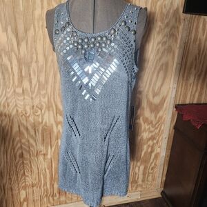 BCBGMaxAzria Gray Jeweled Sleeveless Sweater Dress